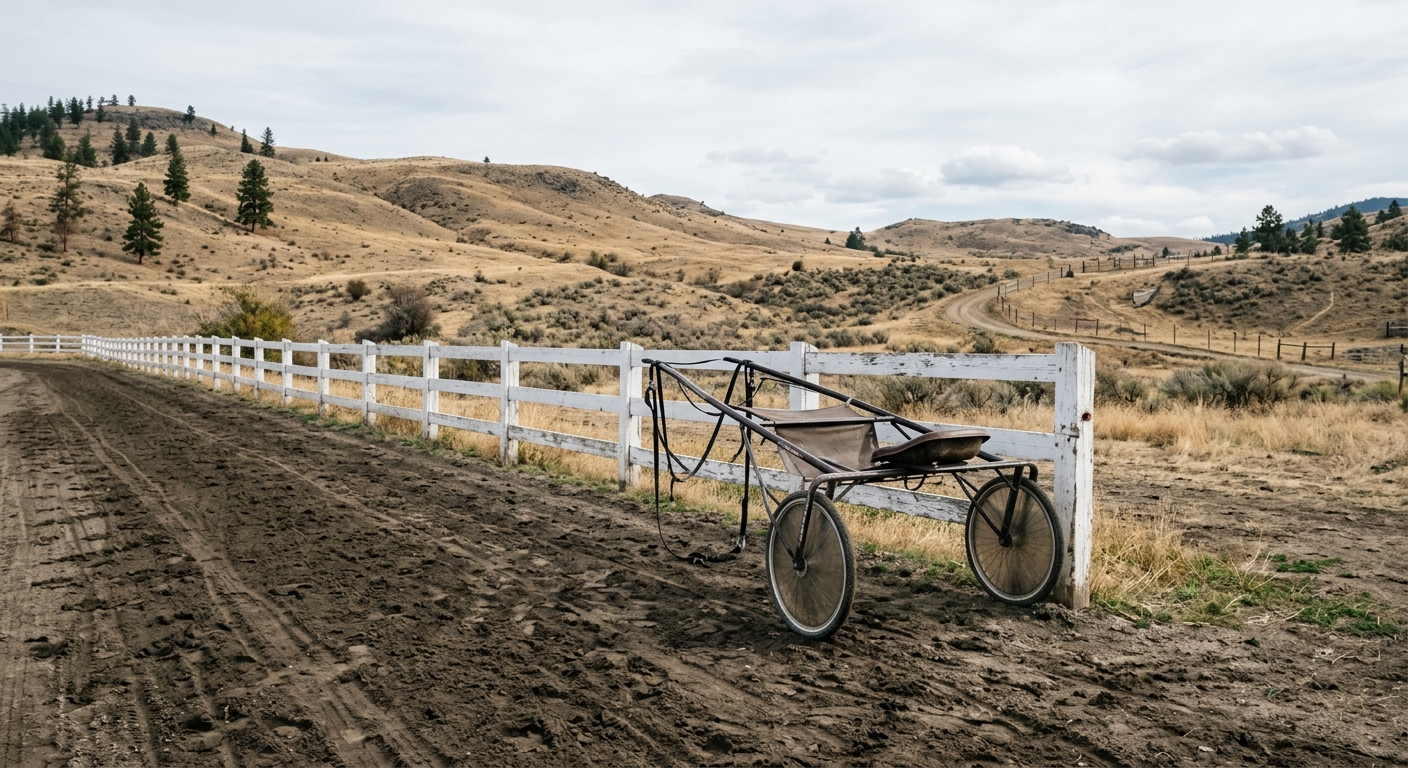 an empty harness racing sulky parked beside the white wooden rail of a dirt racing track, with tire marks in the soil and a backdrop of dry, rolling hills typic