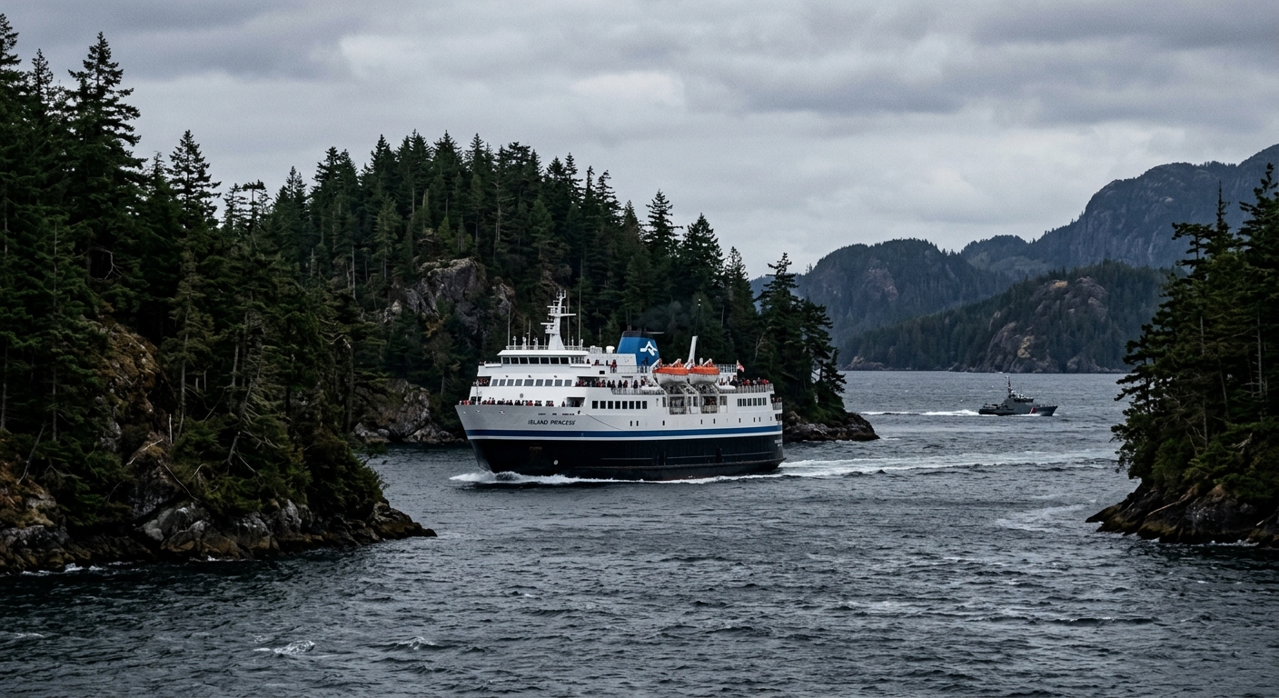 a large passenger ferry travelling through dark coastal waters flanked by rugged, pine-covered islands under an overcast sky, with a small patrol boat in the di