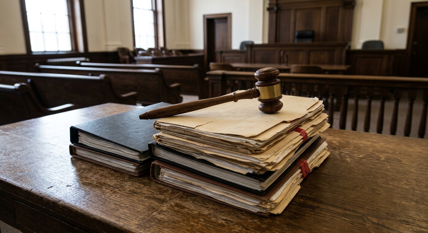 a wooden gavel resting on a stack of manila folders and legal binders on a heavy oak desk inside an empty traditional courtroom, natural everyday lighting, shot