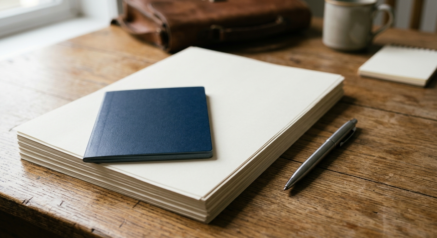 a dark blue passport resting on a stack of blank official application forms next to a silver pen on a wooden desk, natural everyday lighting, shot on a DSLR cam