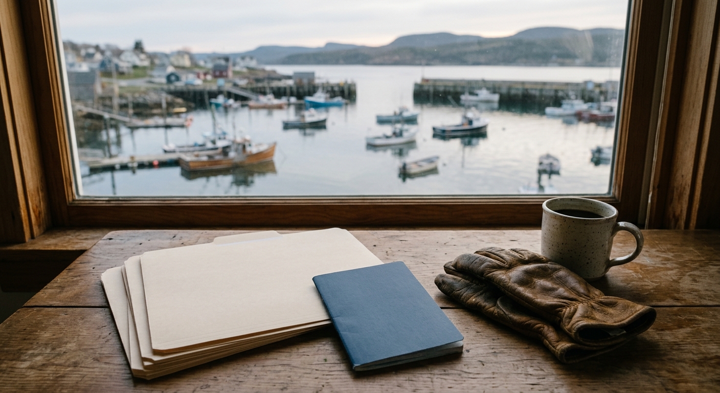 a stack of blank manila folders, a generic blue travel booklet, and a pair of worn leather work gloves resting on a wooden desk next to a ceramic coffee mug, si