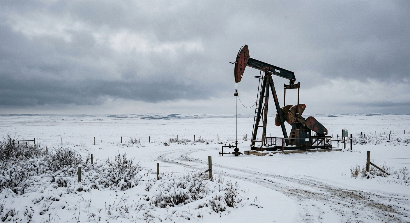 an industrial oil pumpjack standing in a flat, snow-covered prairie field under an overcast winter sky, natural everyday lighting, shot on a DSLR camera, slight