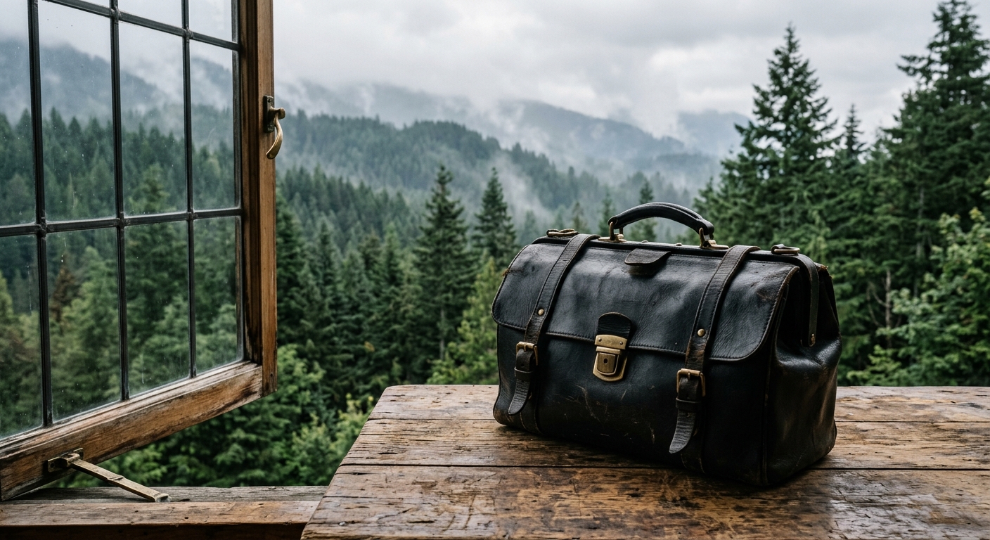 a black leather medical bag resting on a weathered wooden table beside an open window looking out over a dense evergreen forest and misty mountains, natural eve