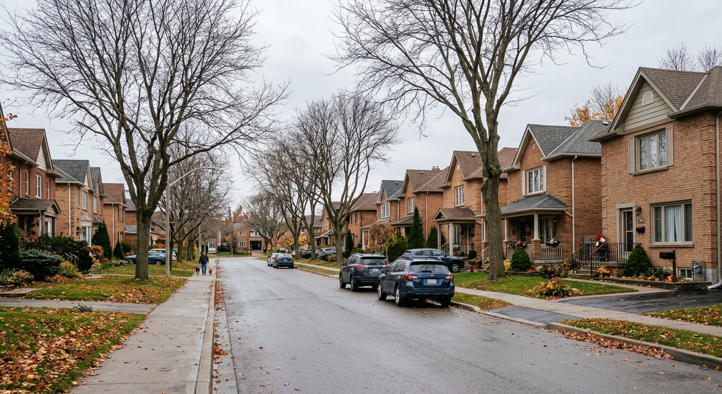 a quiet residential street lined with detached brick houses and bare trees on an overcast day in a suburban Canadian neighborhood, natural everyday lighting, sh