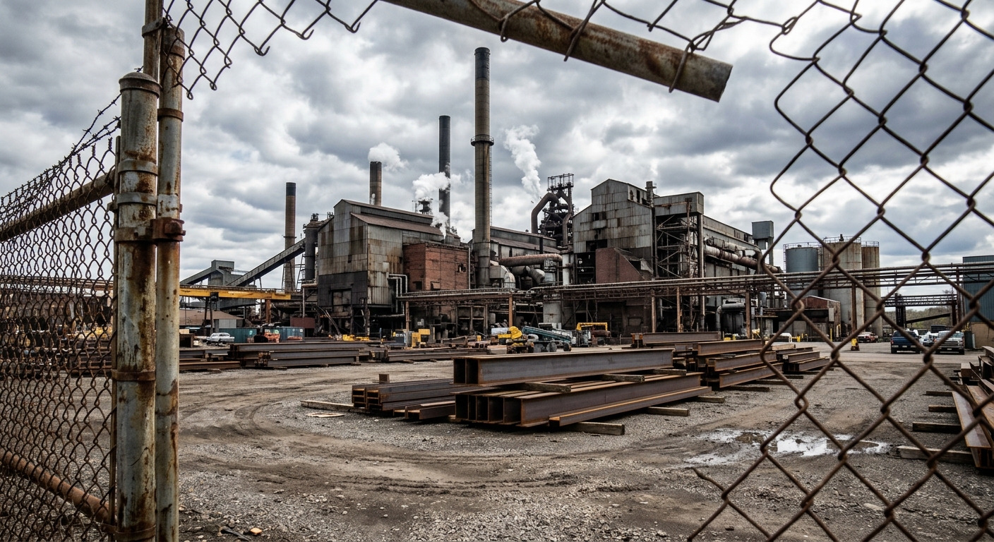 an industrial steel manufacturing plant with large corrugated metal buildings and smokestacks under a cloudy sky, viewed past a weathered chain-link fence, stac