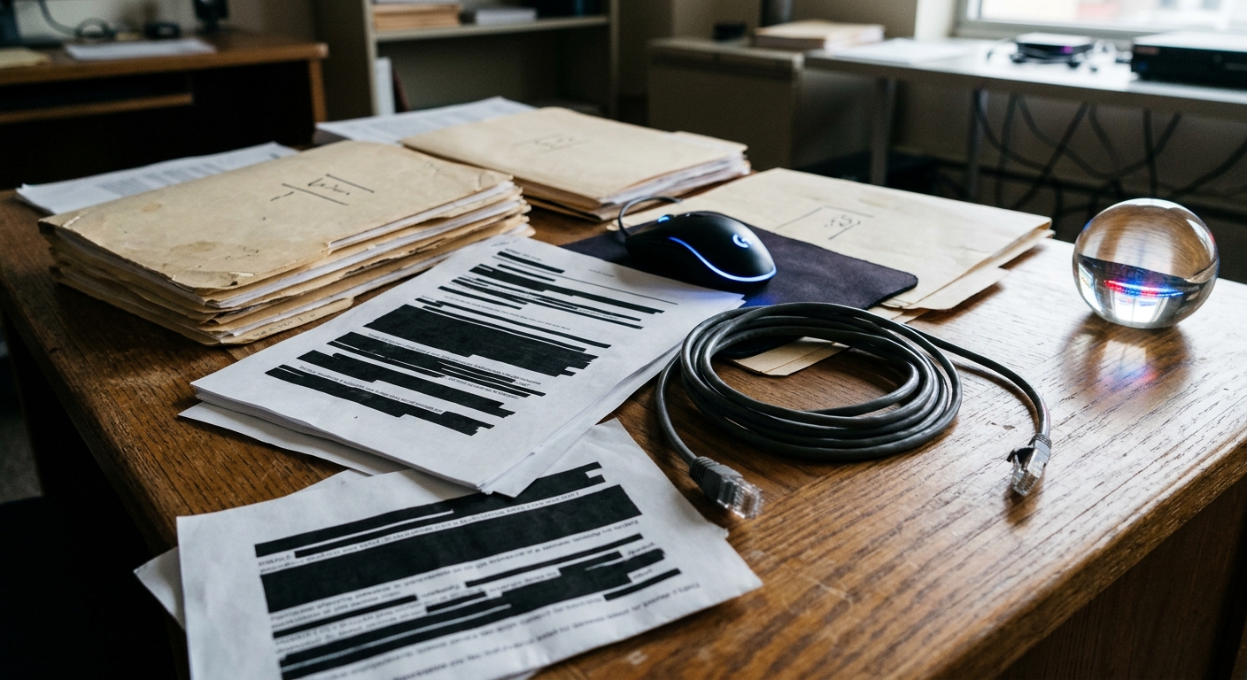 several thick manila folders and printed documents with heavy black redaction blocks scattered across a wooden office desk, a glowing computer mouse and an unpl