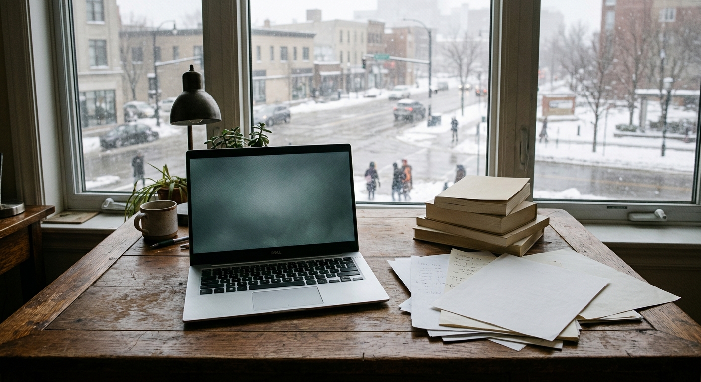 an open laptop resting next to a pile of blank book covers and disorganized paper pages on an old wooden desk, set inside a quiet office with a view of a snowy,