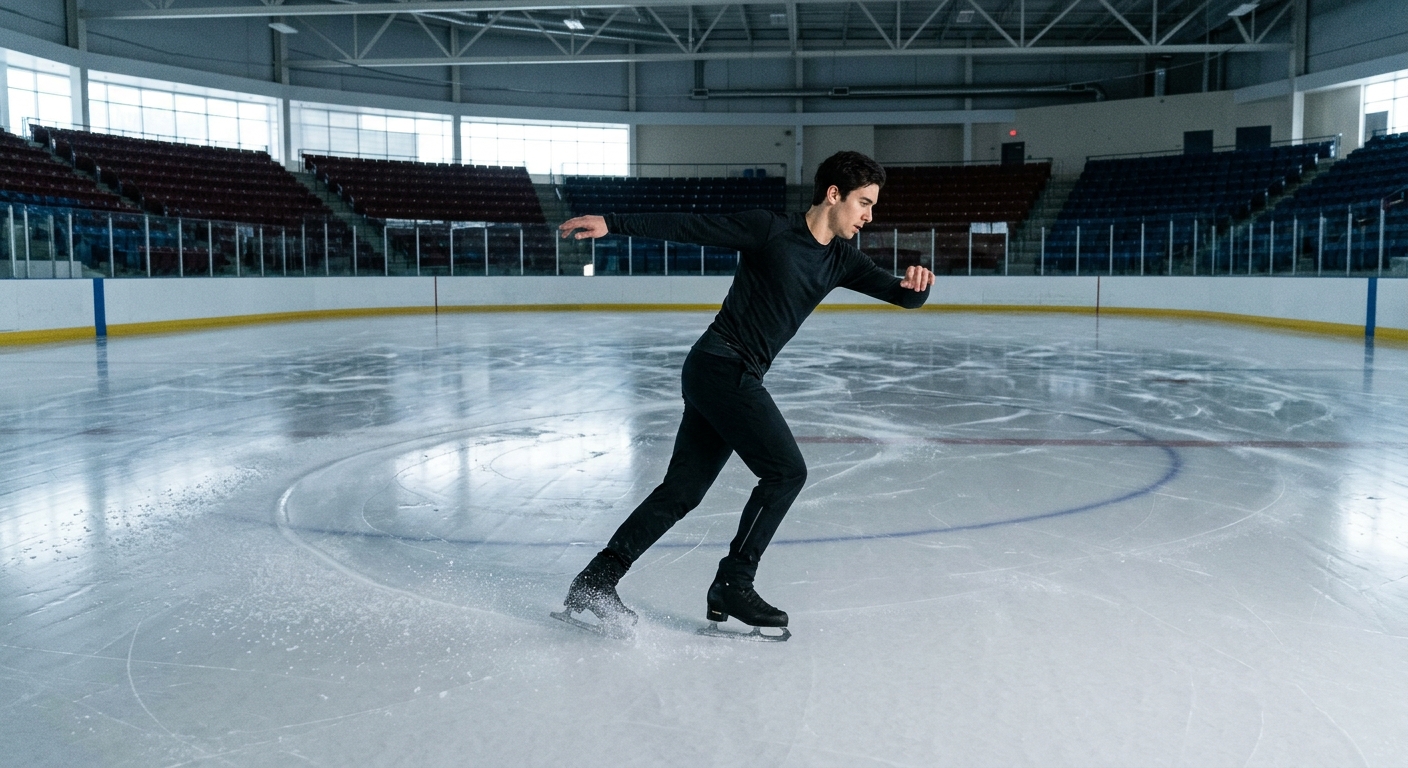 a male figure skater in dark athletic practice gear gliding across a wide indoor ice rink, leaving a trail of carved ice shavings, empty arena seating in the ba