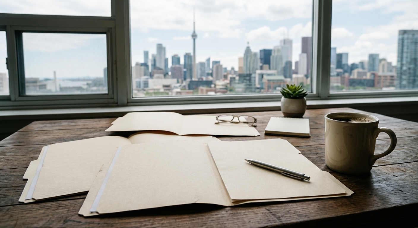 a business desk with several open blank manila folders, a metal pen, and a coffee mug, situated next to a window showing a slightly blurred Toronto city skyline