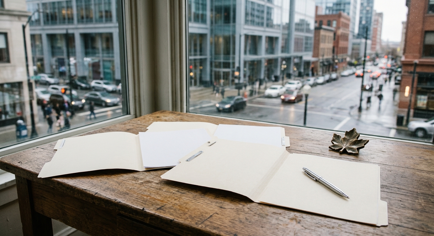 several open manila folders, a silver ballpoint pen, and a small maple leaf paperweight resting on a wooden desk near a window overlooking a modern city street,
