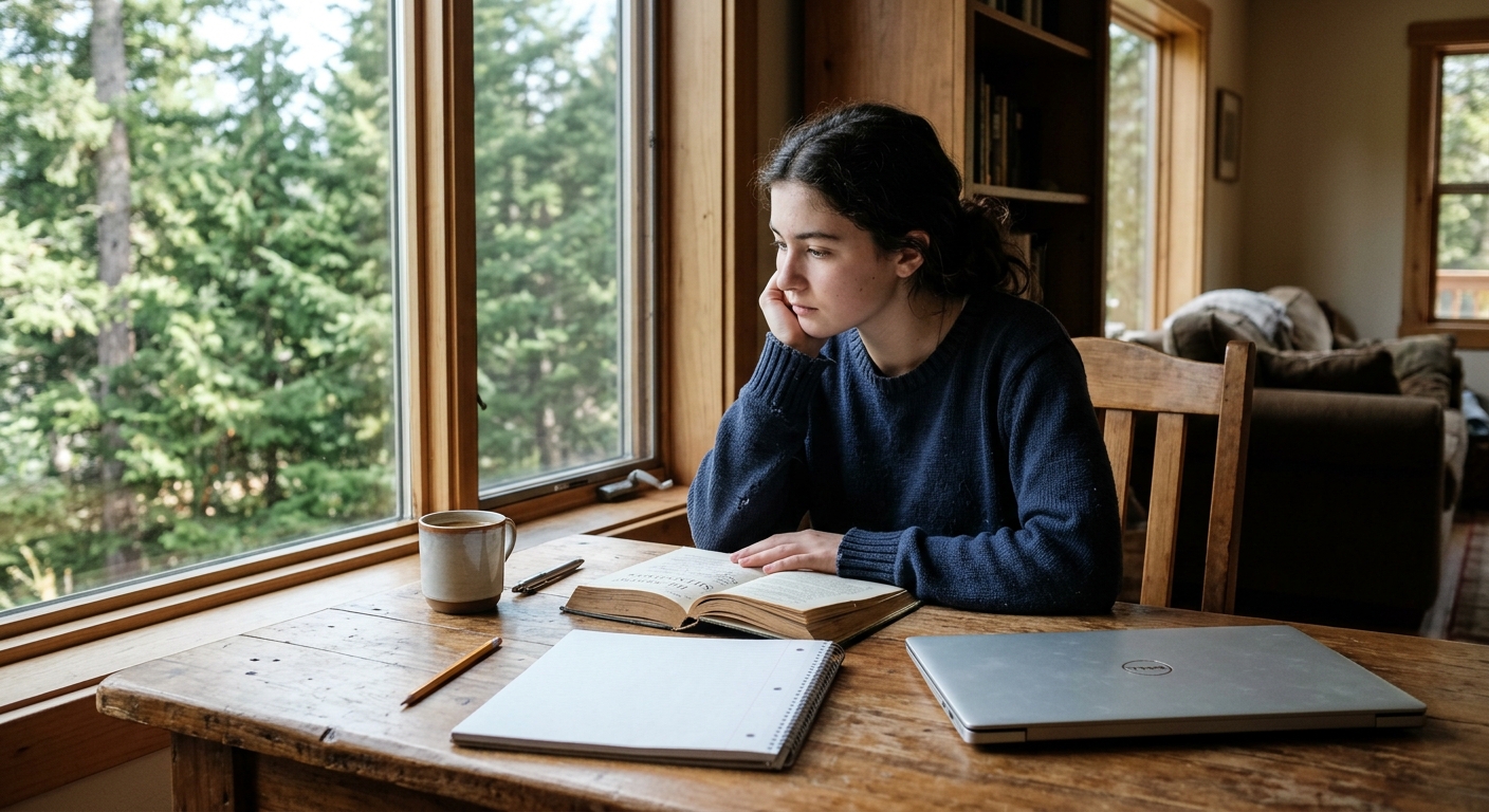 a high school student sitting at a wooden study desk near a window with a view of evergreen trees, looking thoughtfully at an open physical book alongside a clo