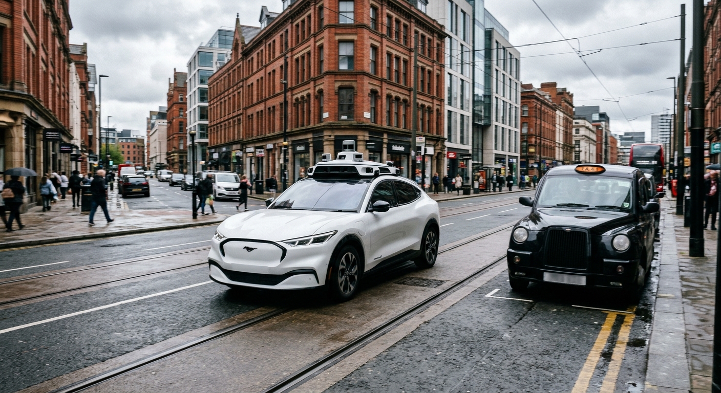 a modern white SUV equipped with roof-mounted sensor pods driving past a traditional parked taxi cab on a bustling city street with streetcar tracks embedded in