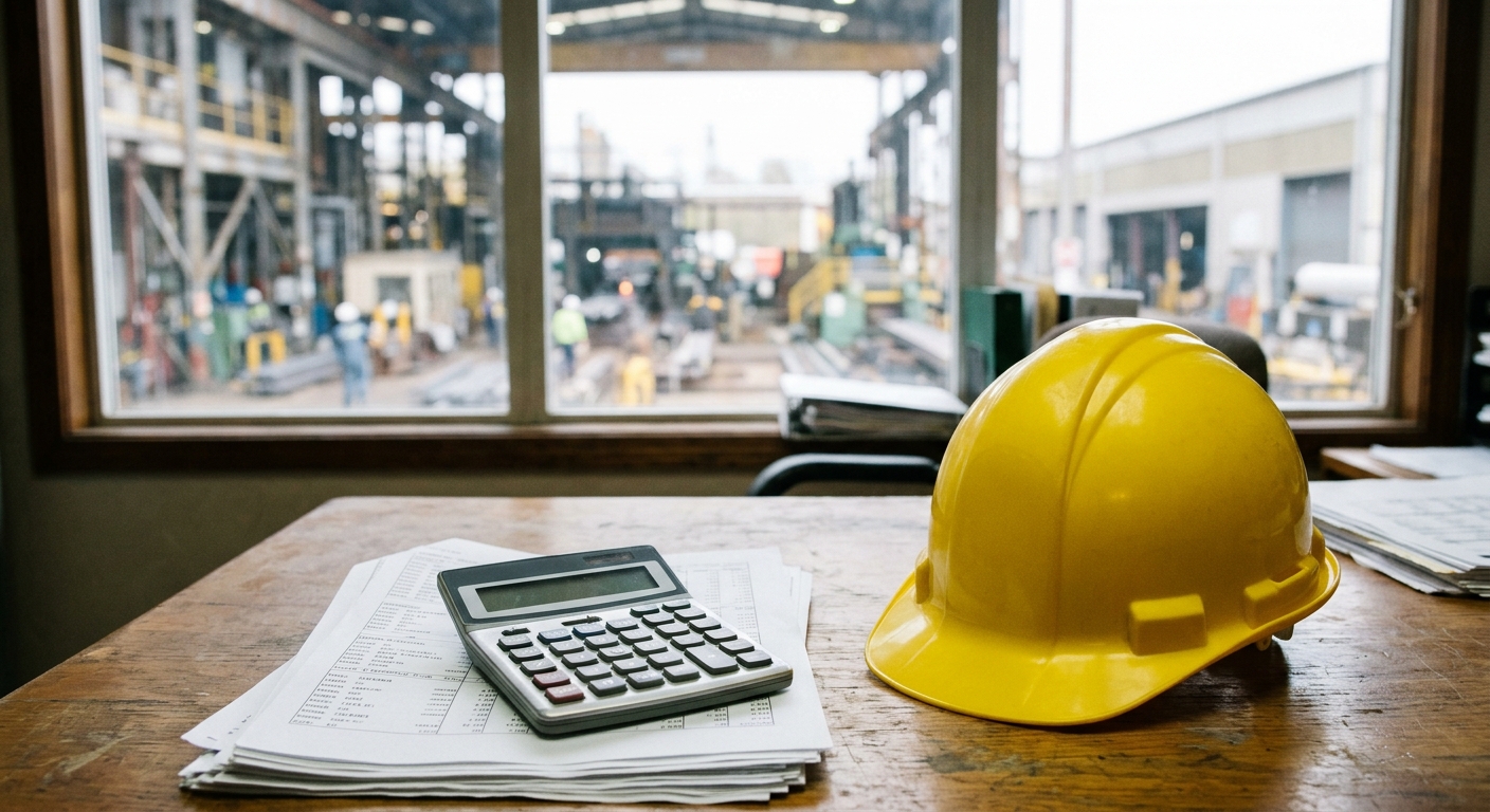 a yellow hard hat and a calculator resting on a stack of printed financial documents on a wooden office desk, with a blurred view of an industrial steel manufac