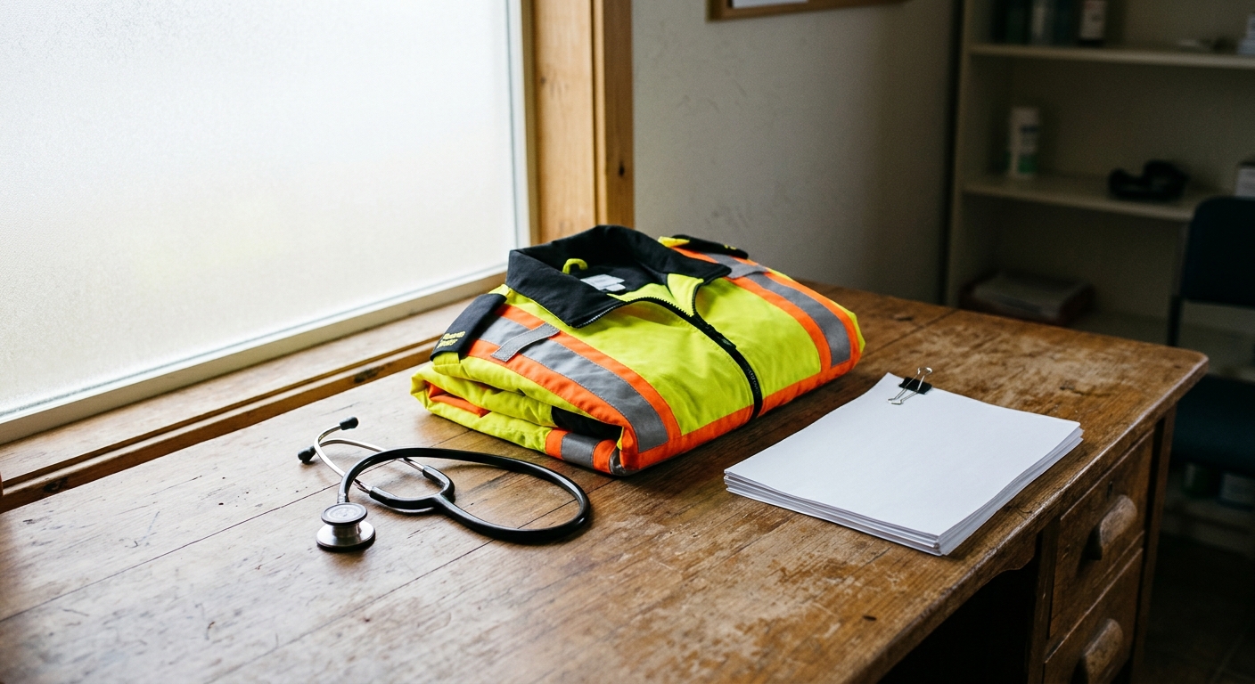 a stethoscope and a folded high-visibility paramedic jacket resting on a wooden desk next to a stack of blank financial forms, soft daylight coming through a fr